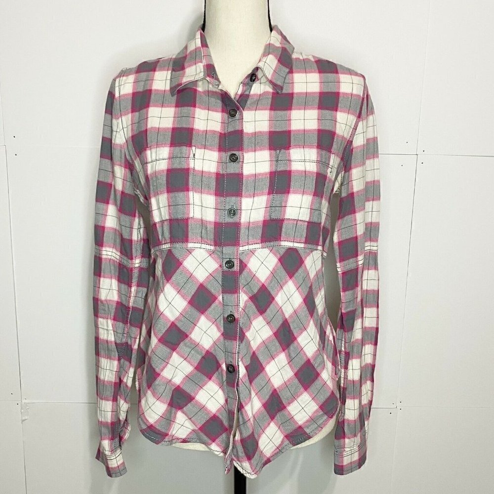 We The Free Womens XS Pink & Gray Plaid Button Front Collared Long Sleeve Shirt